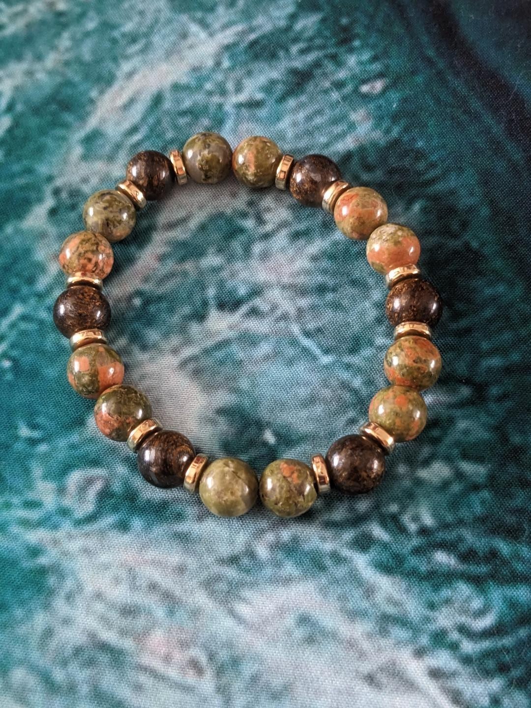 Unakite & Bronzite Crystal Beaded Bracelet