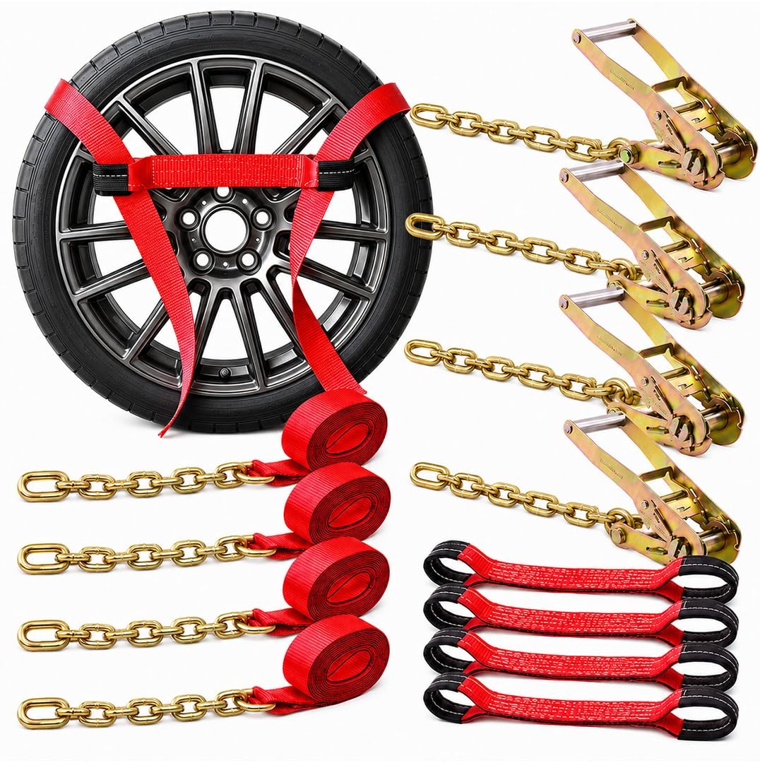 BoxerTool 8 Point Roll Back Vehicle Tie Down Straps with Chain Extension 2" X...