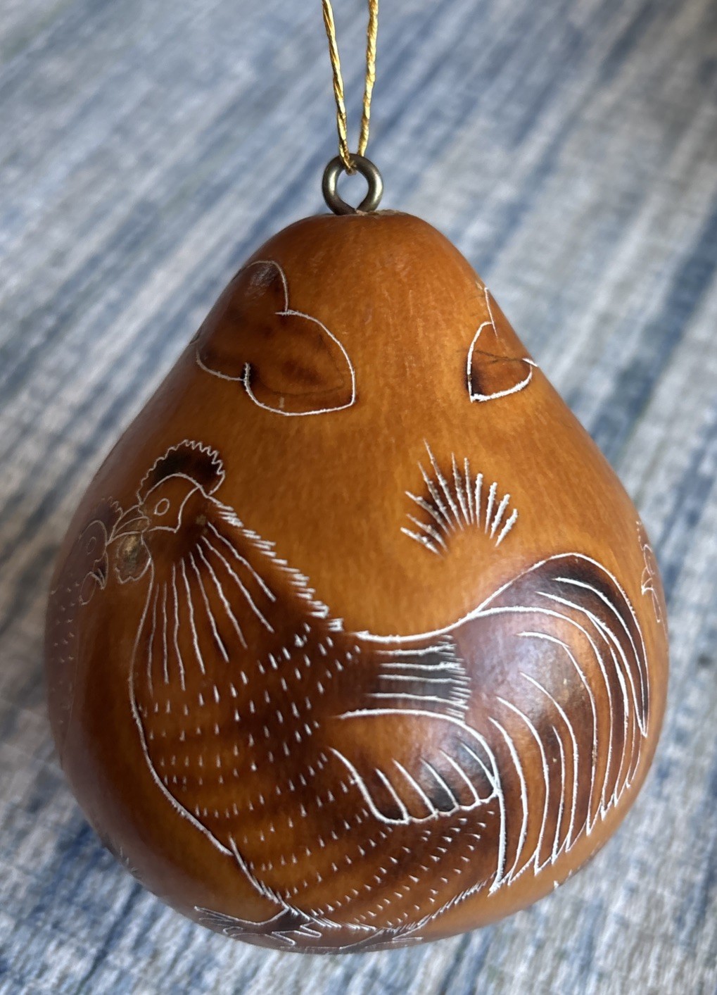 Peruvian Gourd Ornament Hand Etched Chickens Made in Peru 3.5”