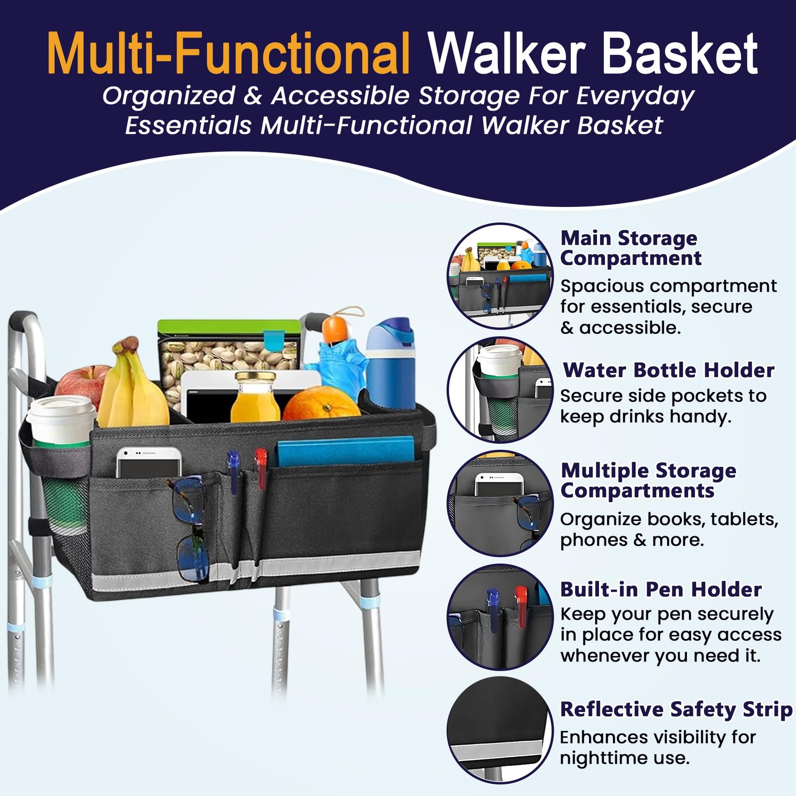 Aliseniors Walker Basket Accessories for Folding Big Capacity, Black