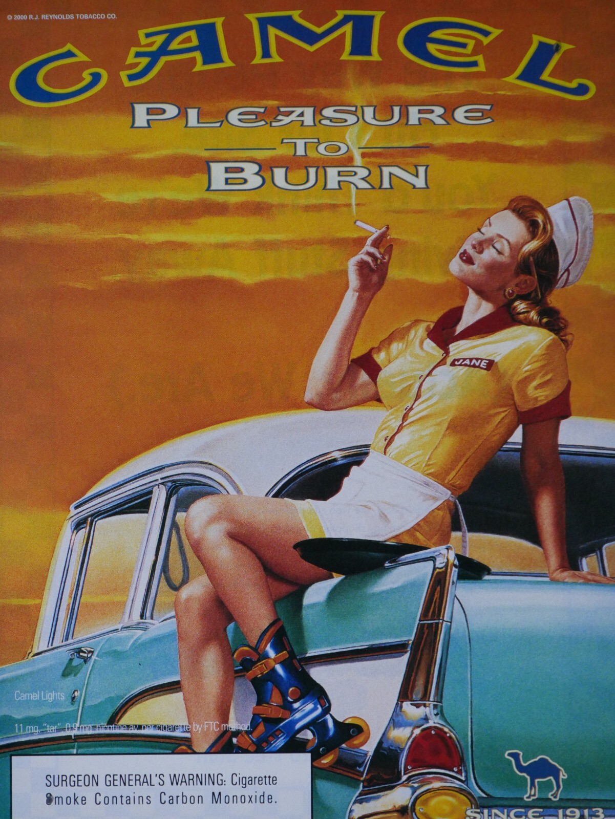 Camel  Girl Jane Carhop  Rollerblade Vintage 1957 Chevy  Original 2000 Print Ad