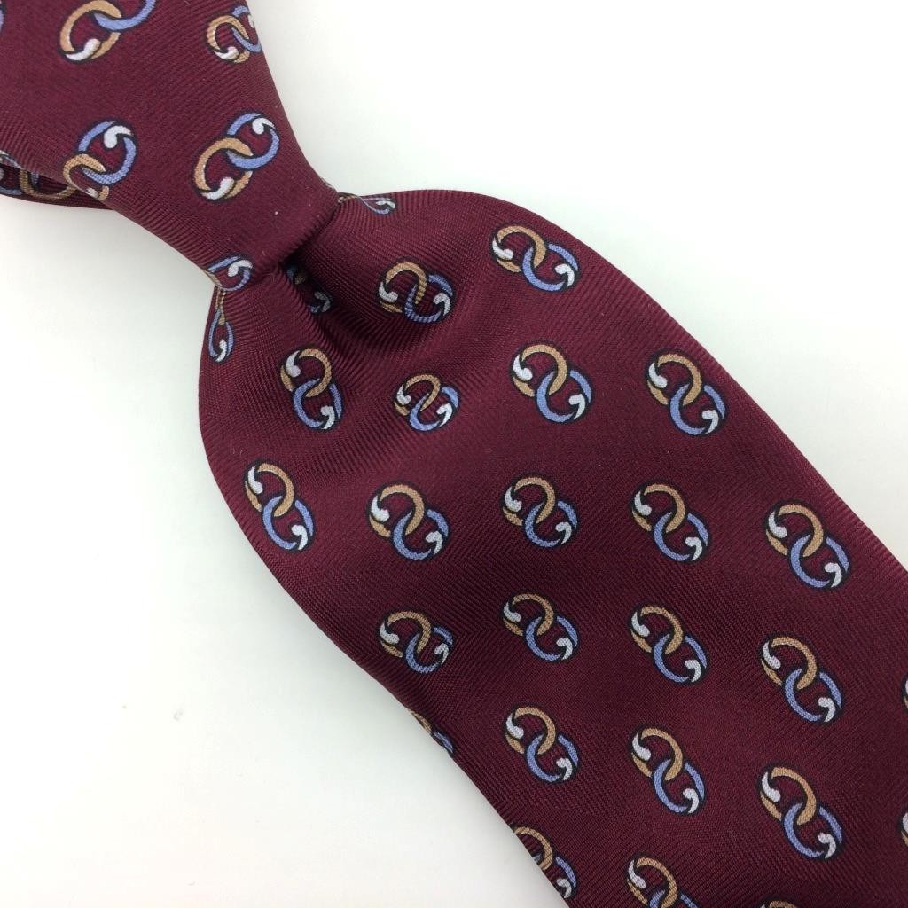 Christian Dior Tie Silk Burgandy Gray Horse Bit Interlock S-Link #I23 True Vtg