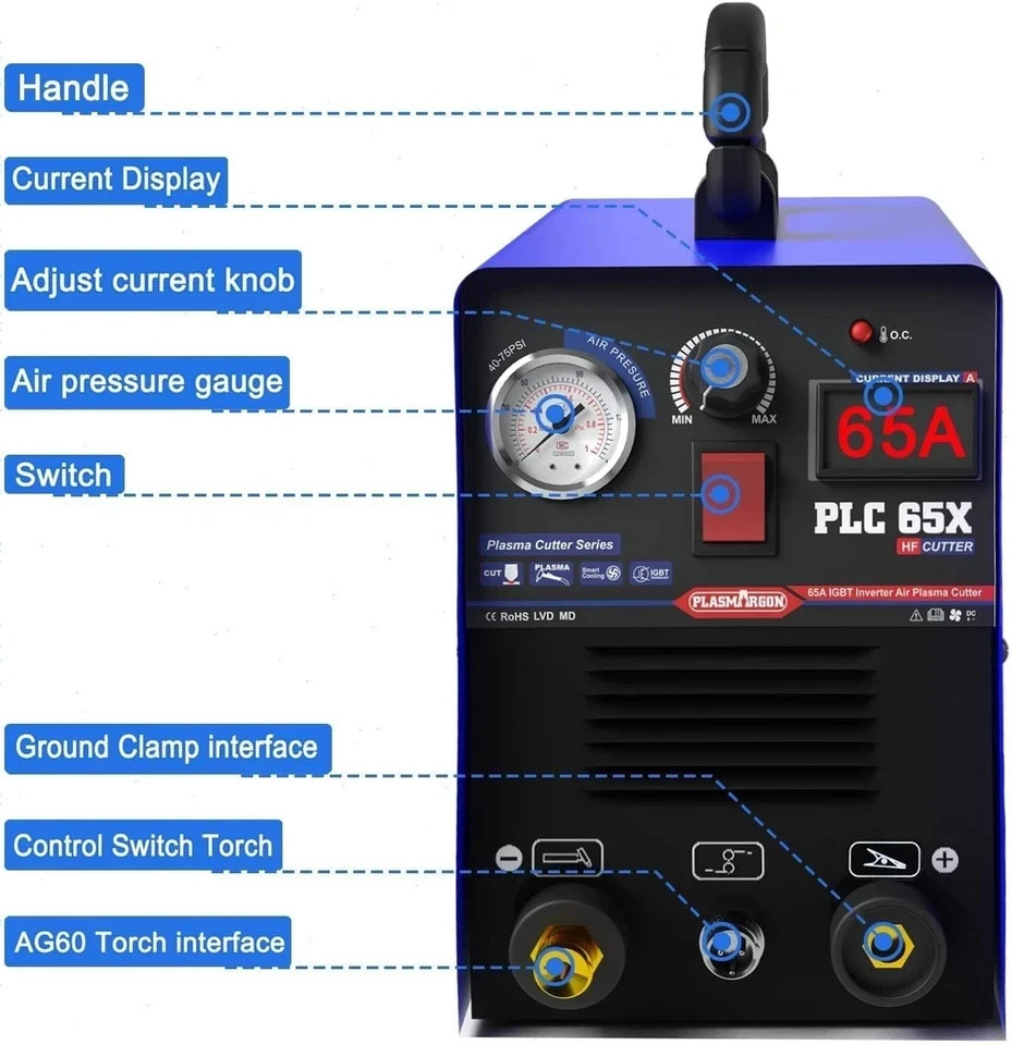 PLC65X 110V/220V 65A Plasma Cutter Machine Pilot Arc IGBT Inverter LED Display