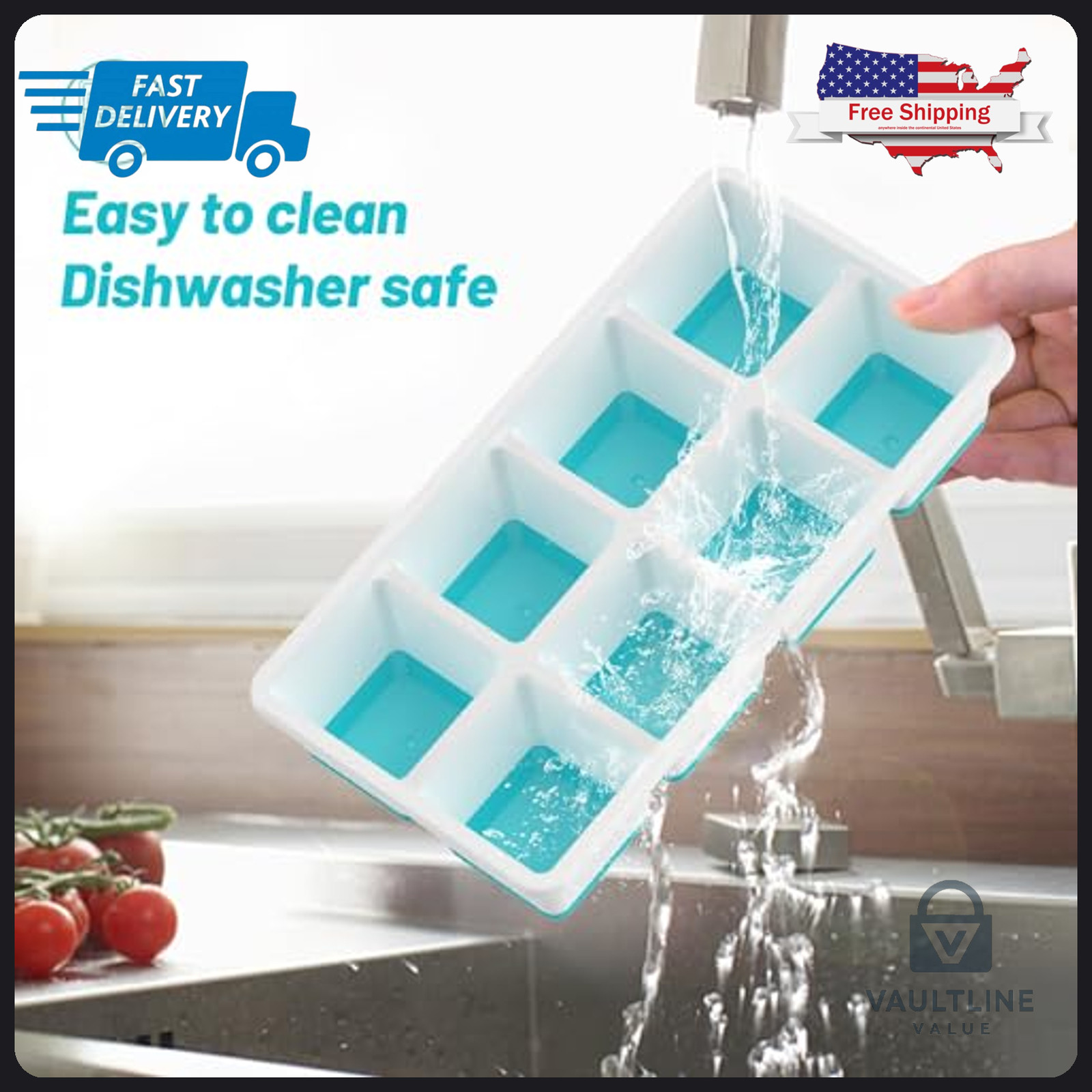 2 Pack VEHHE Silicone Ice Cube Trays with Lids - Large Square Mold - Blue