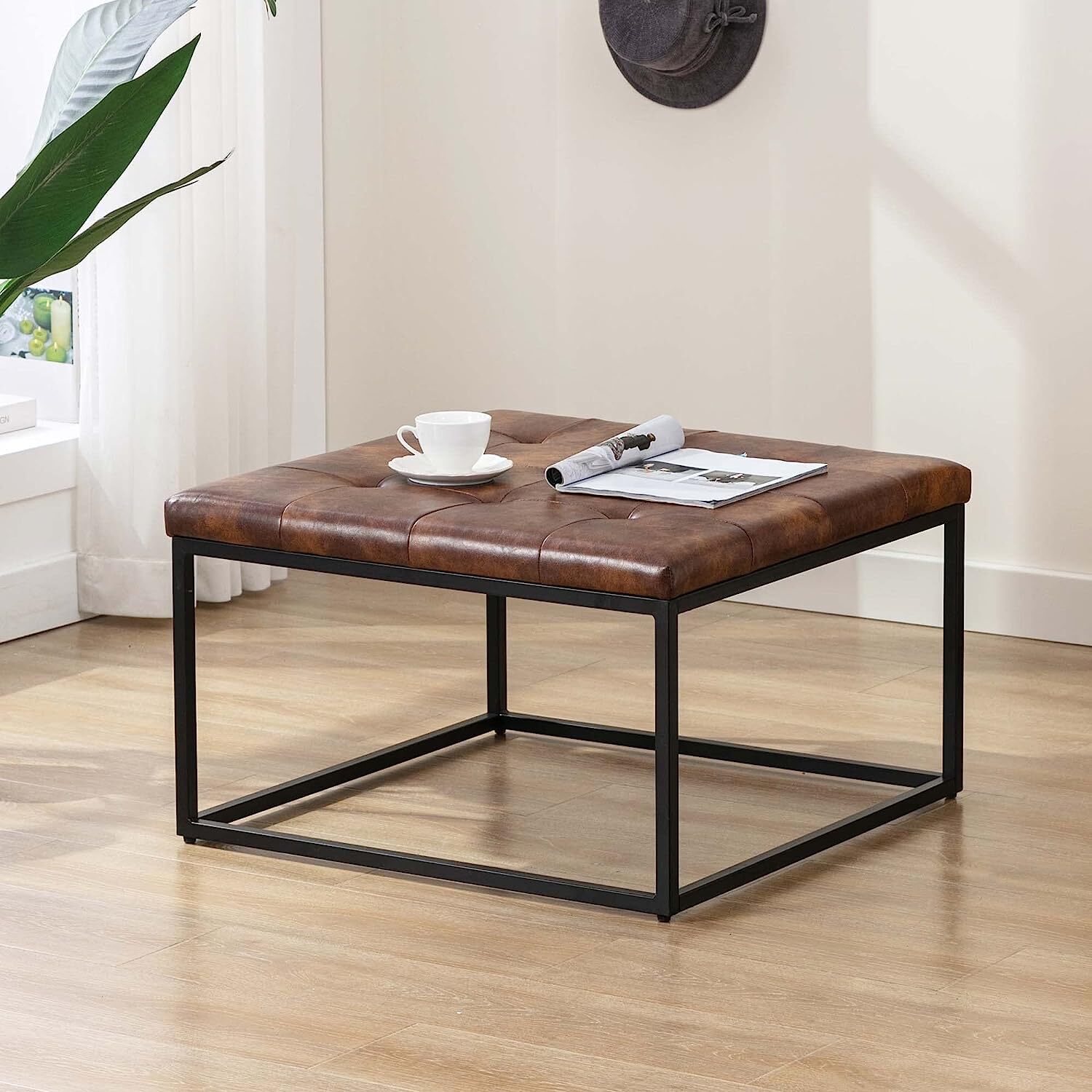 Upholstered Square Ottoman Coffee Table, Modern Tufted Ottoman with Metal Base