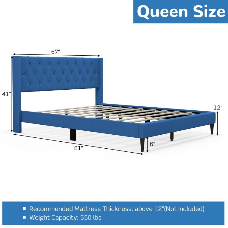 Queen Size Platform Bed Frame Upholstered With Button Tufted Wingback Headboard