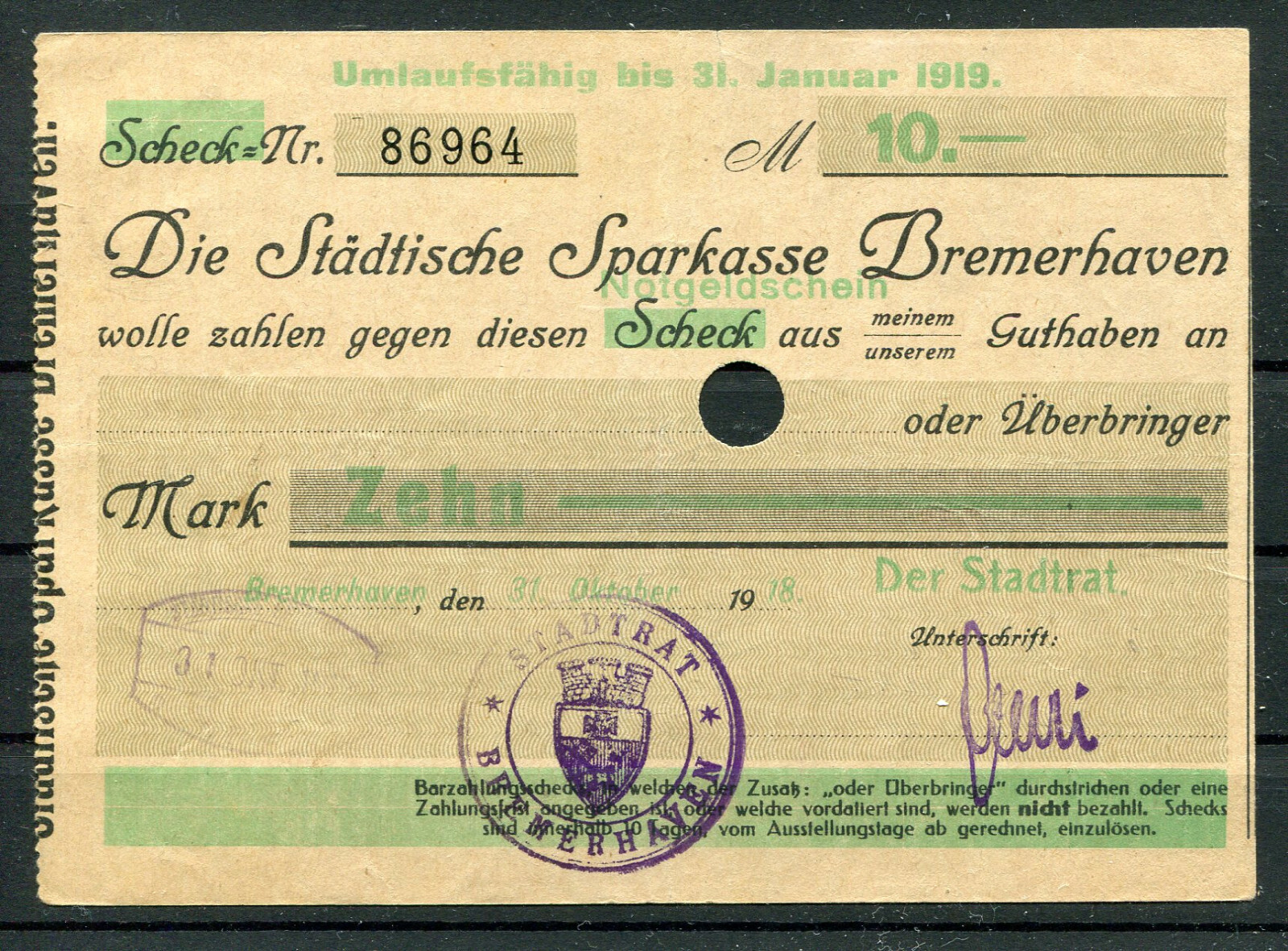 Bremerhaven City 10 Mark Notgeld Banknote 2/18560