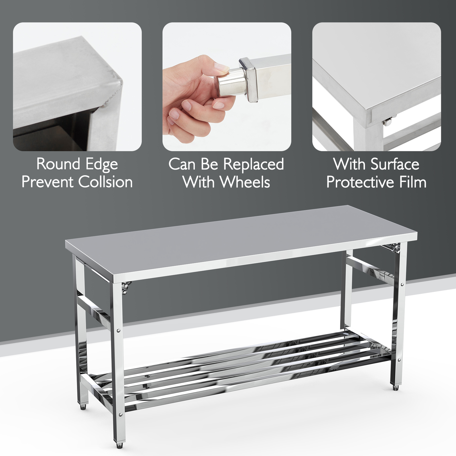 Stainless Steel Workbench 24 x 60 Inche Folding Table with Adjustable Undershelf