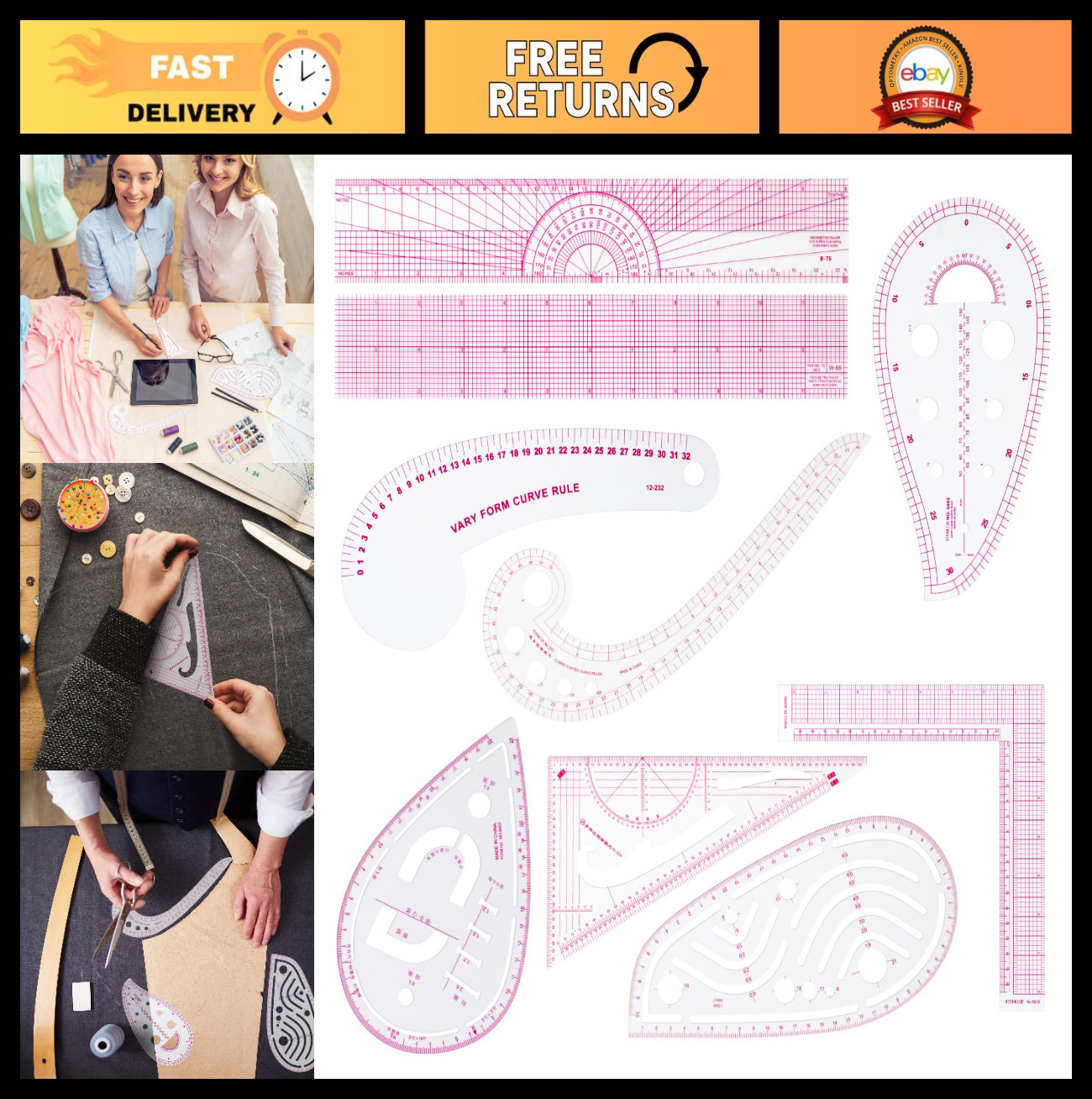Clear Metric Sewing Ruler Set - French Curve & Pattern Ruler Kit for Tailors, Qu