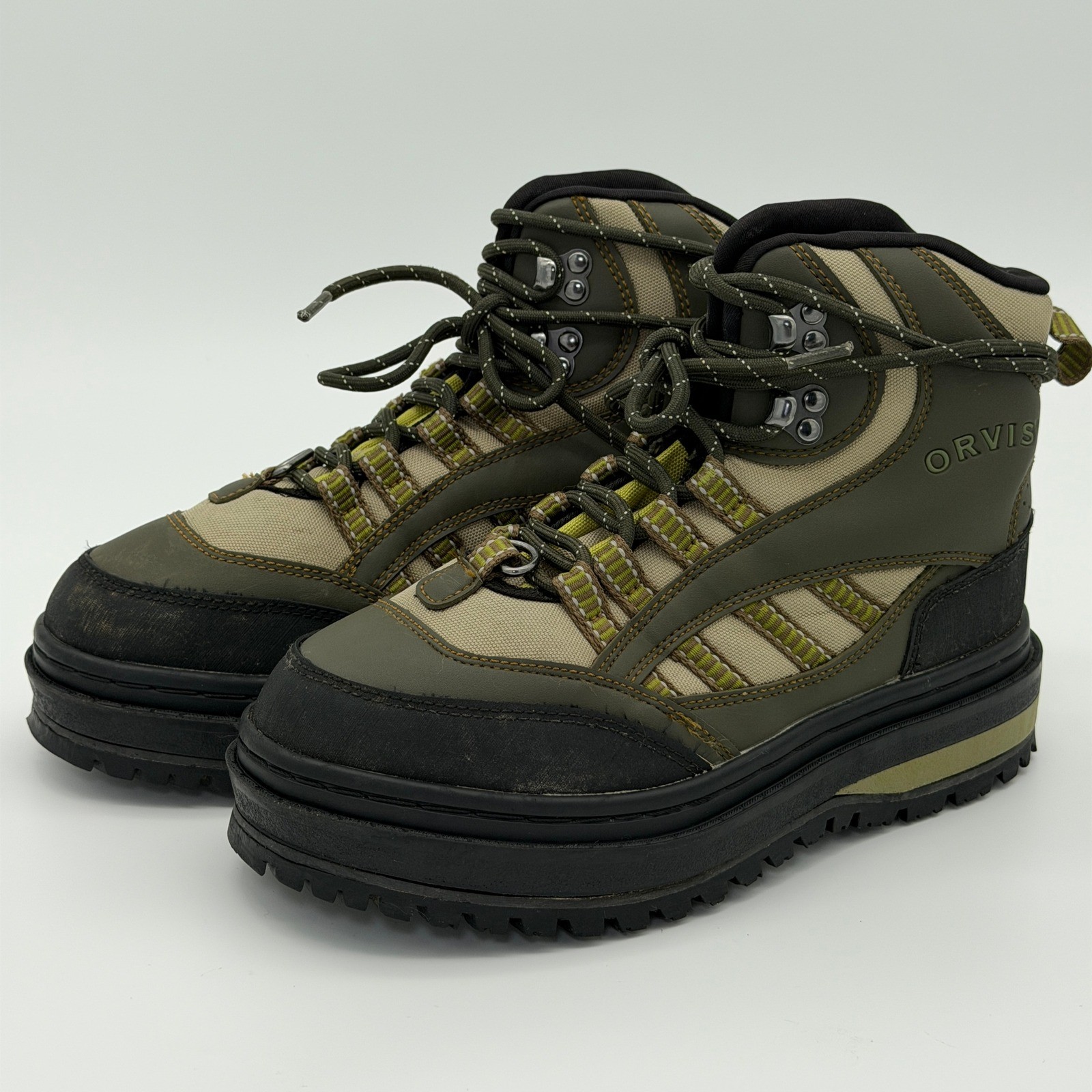 Orvis Encounter Wading Boots Mens 8 Olive Green Studded Vibram Sole 2AYF