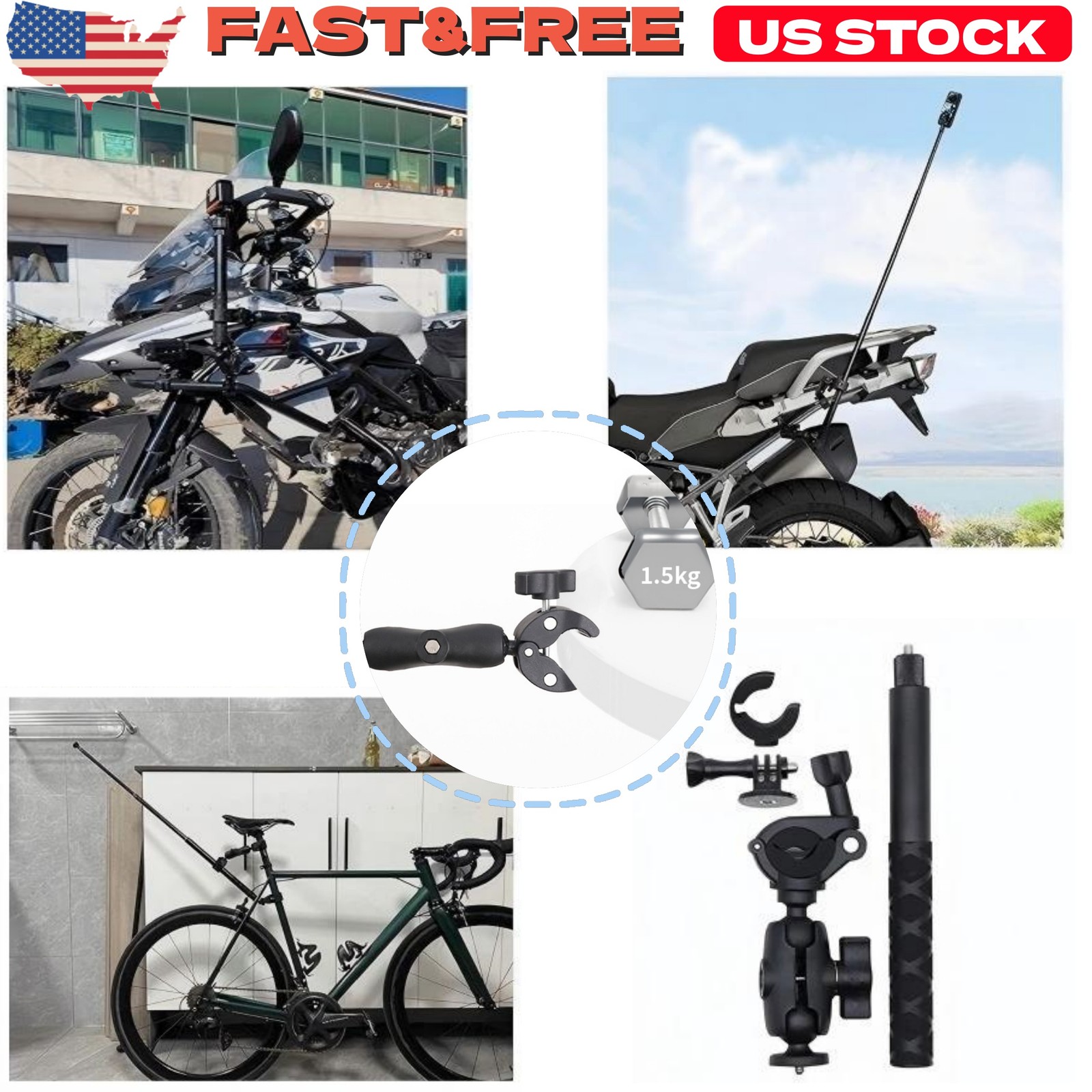 New 120cm Invisible Extendable Selfie Stick+Motorcycle Mount For Insta360 X3X4X5