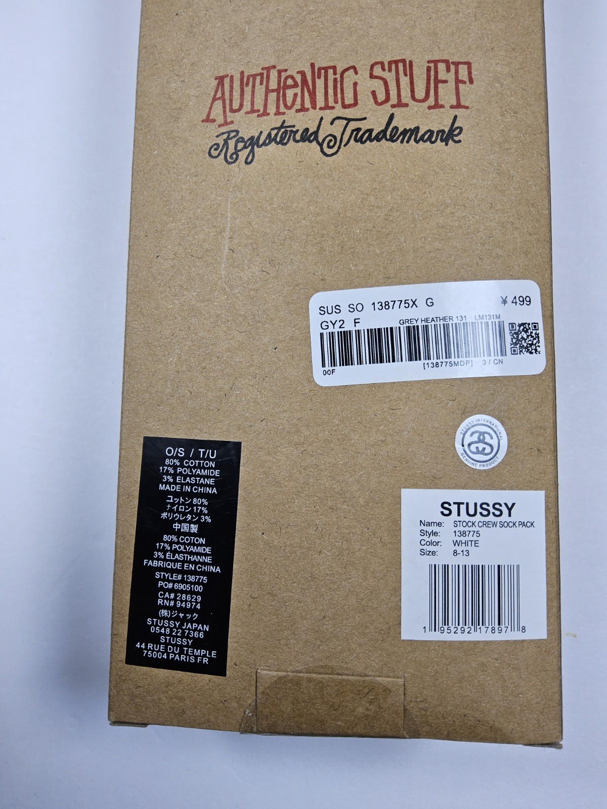 Stussy Stock Crew Socks 3 Pair Pack White Size 8-13