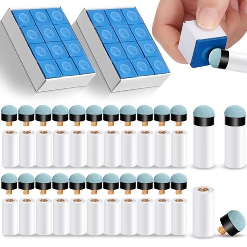 24 Pool Cue Chalks and 24 Billiard Cue Tips Replacement Kit with Ferrules