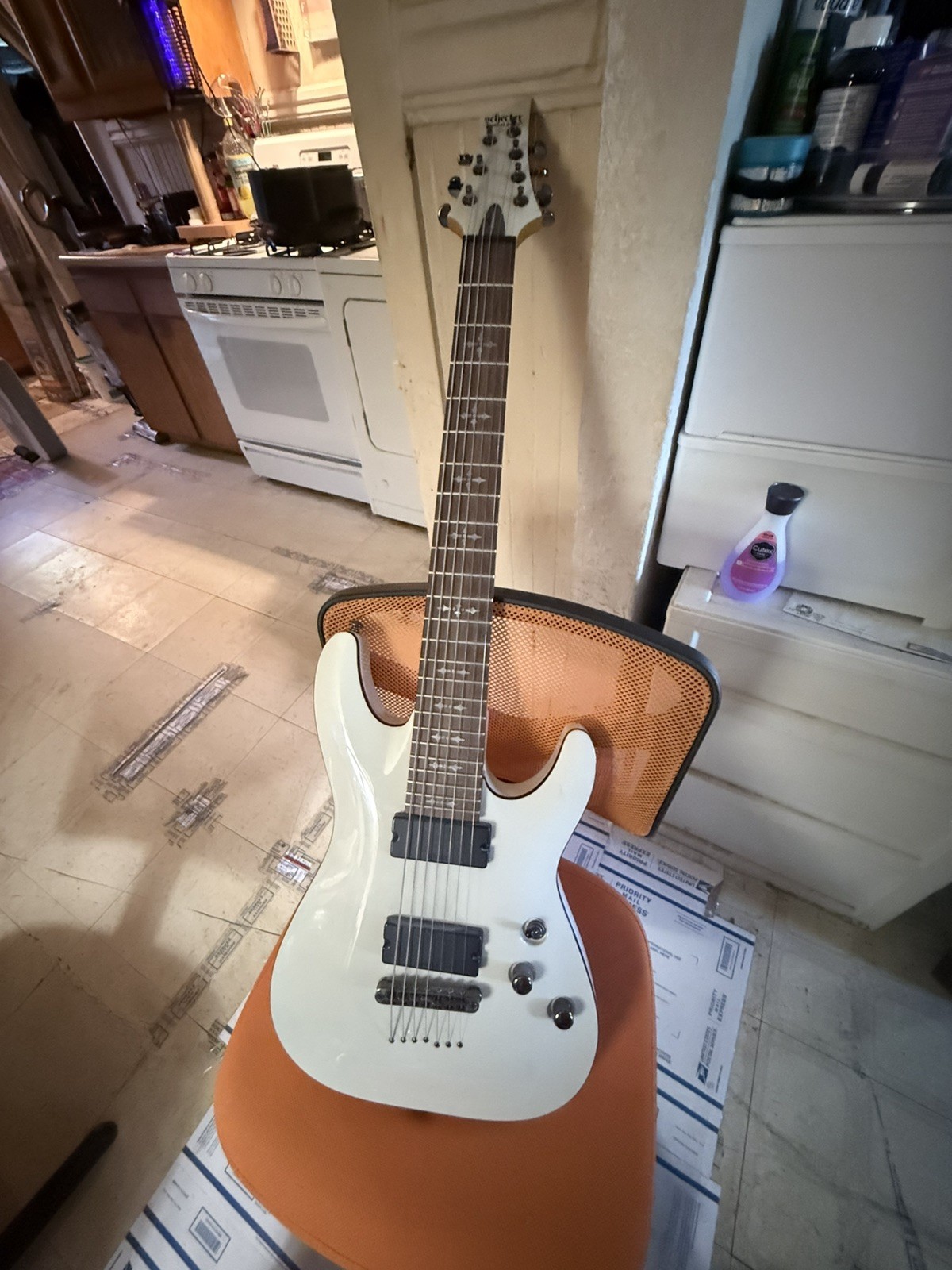 Schecter Demon-7 7-String Electric Guitar, Rosewood Fingerboard, Vintage White.
