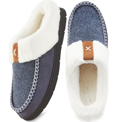 Men's Slip On Moccasin Slippers Memory Foam Fuzzy Slippers for Men 9-10 Navy