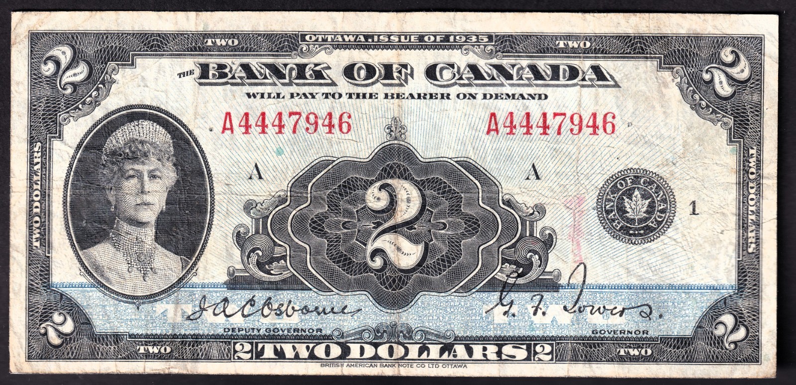 The Bank Of Canada 1935 $2 Two Dollar Banknote Osbourne - Towers A4447946