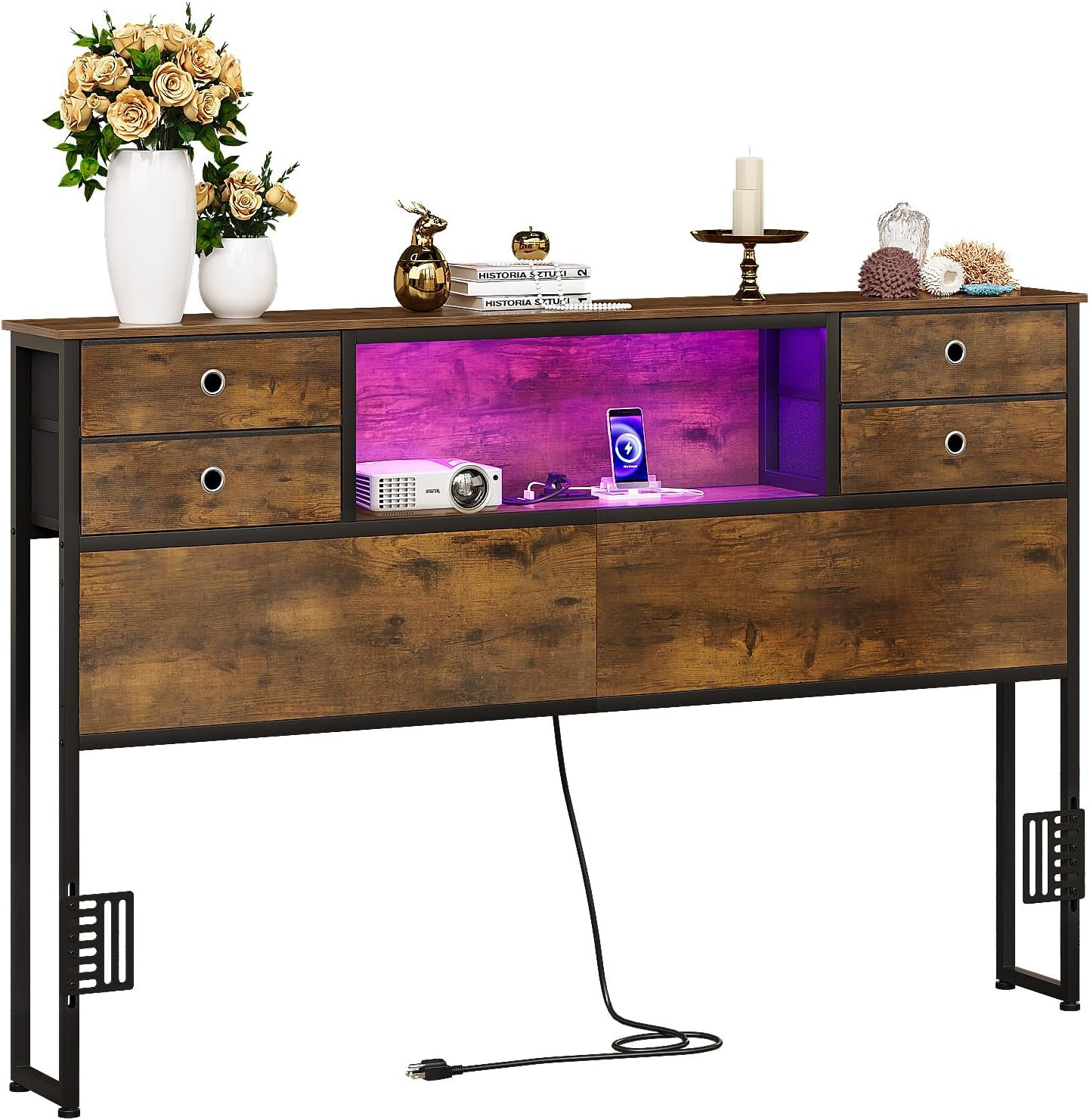 Queen Size Headboard with 4 Fabric Storage Drawers Charging Station LED Light Ad