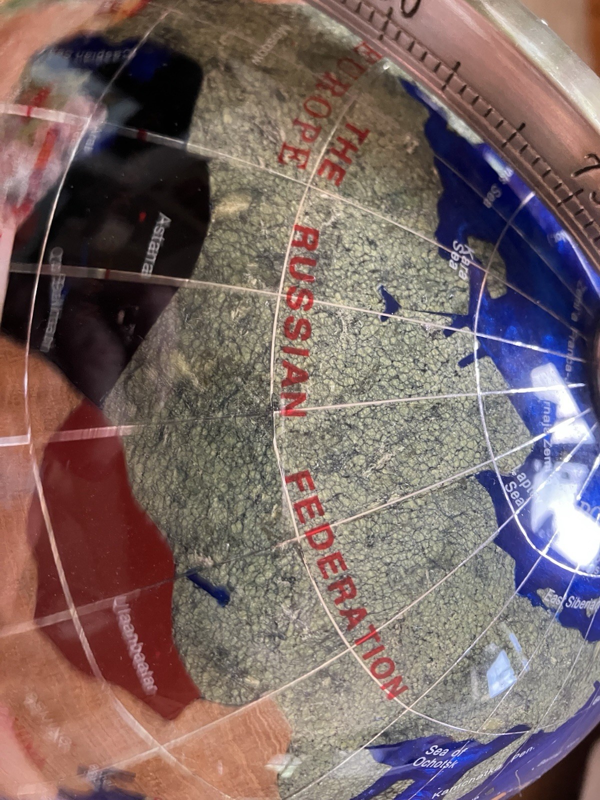 Blue Gemstone Tabletop World Globe w/ Rotating Silver Metal Base Compass