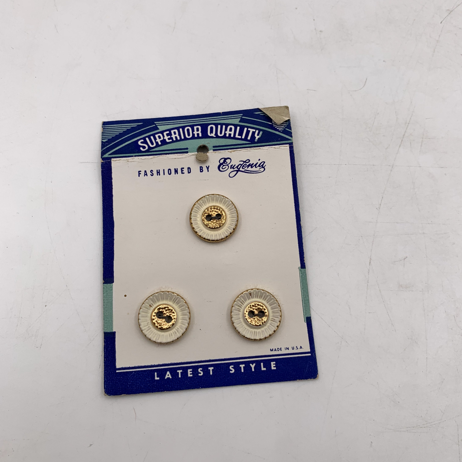 3- VTG 9/16" Buttons New on Card Gold Tone White Retro MCM Fashion Sewing