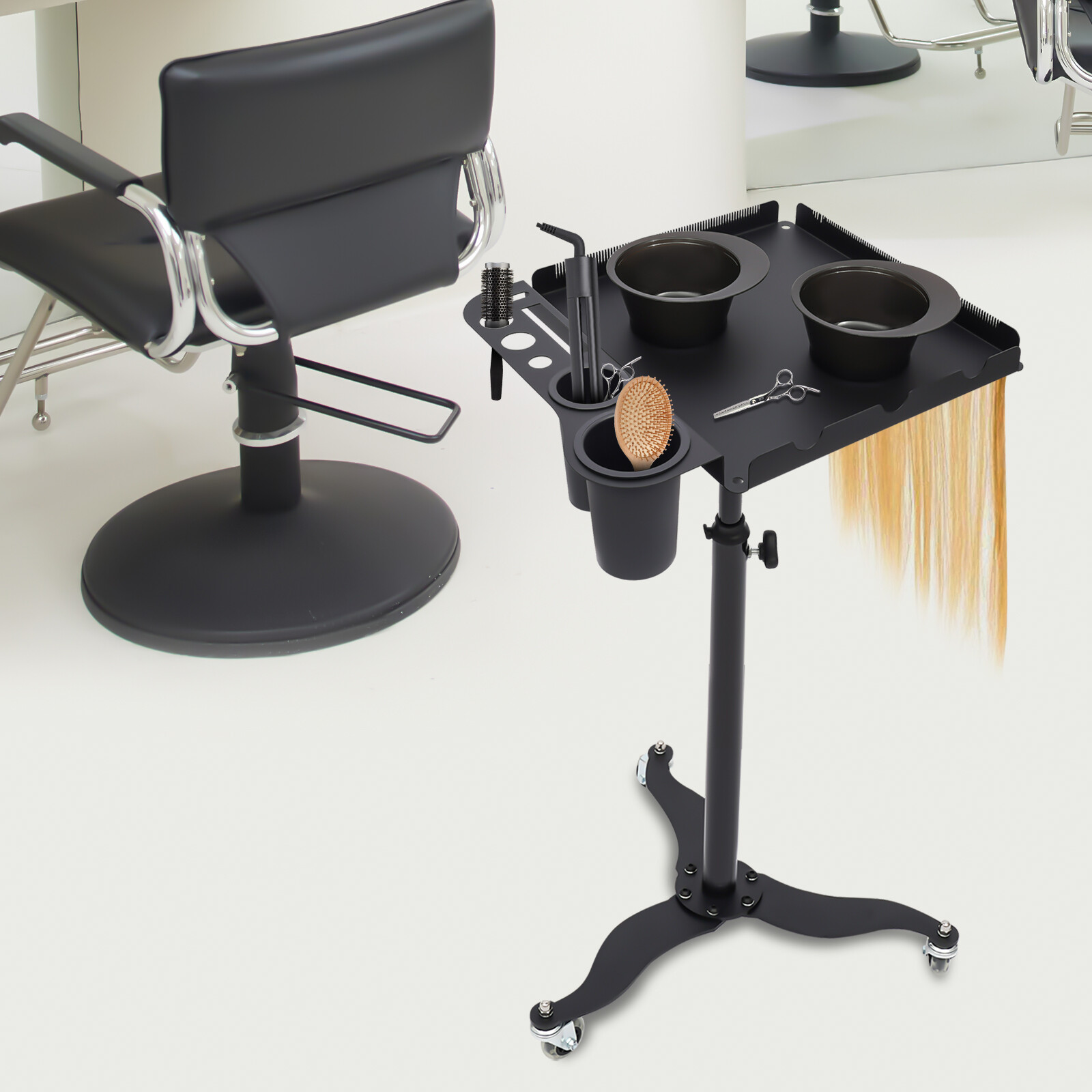 Salon Rolling Tray Beauty Hair Stylist Storage Mobile Trolley Cart with 2 Bowls