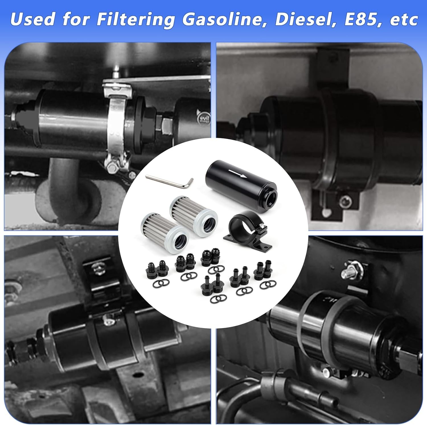 Universal Inline Fuel Filter 100 Micron with Barb1/2" 3/8" 5/16" Fitting Adapter