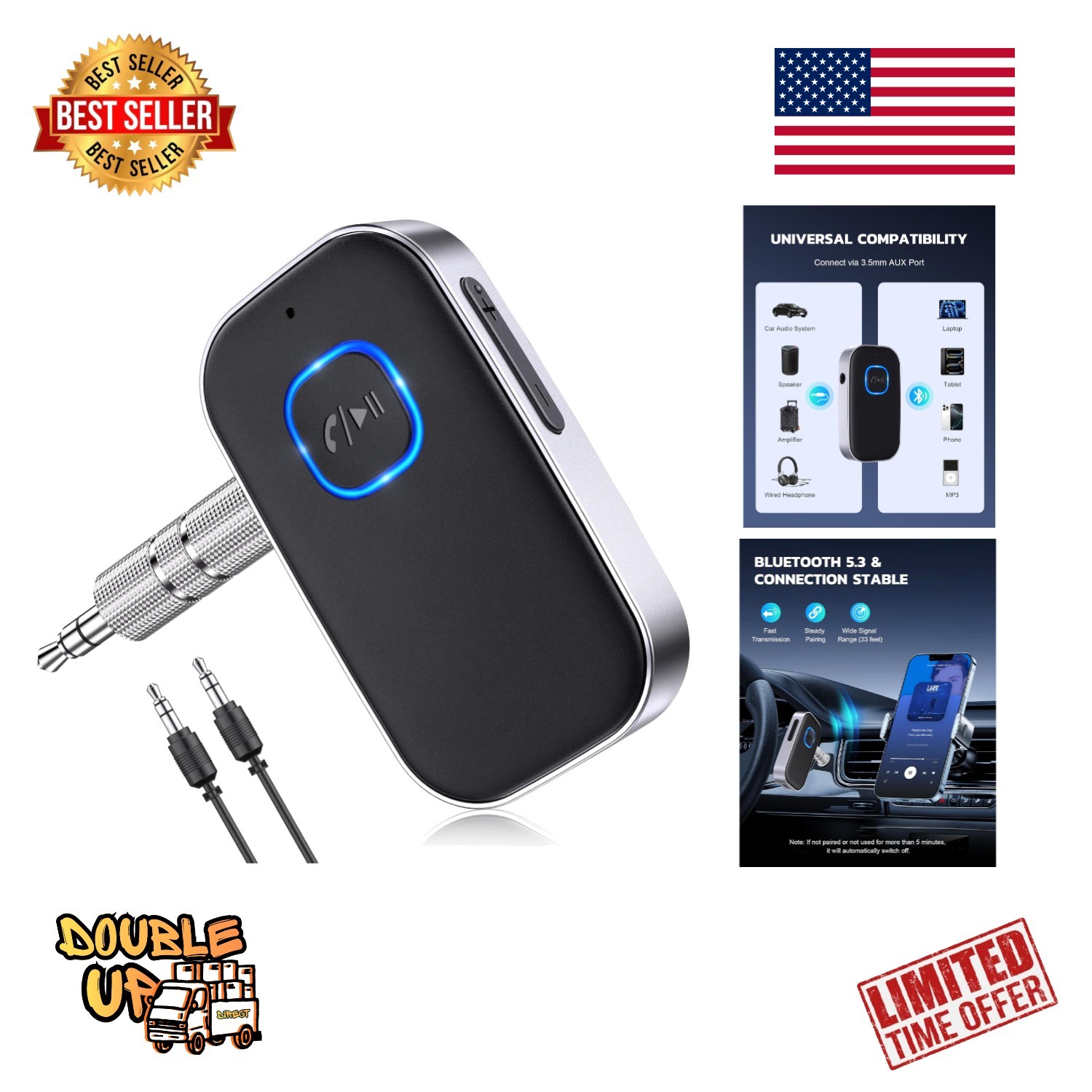 Bluetooth 5.0 Noise Cancelling Receiver for Car - 16H Battery Life & Hands-Free