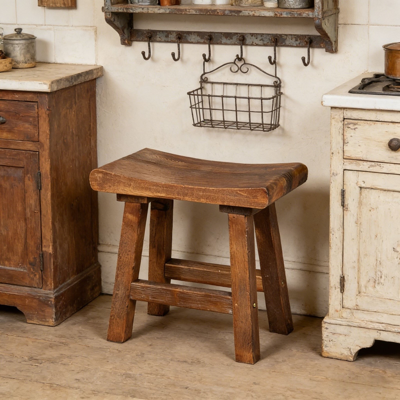 Rustic Old Pine Wooden Stool Bench Side Table Farmhouse Bedside Table 18.5" H