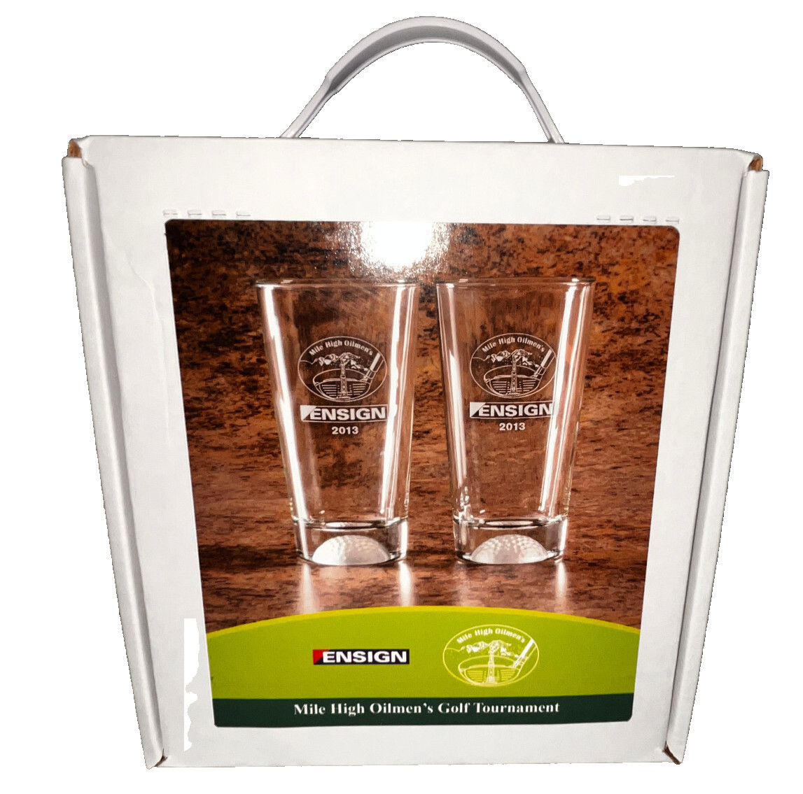 Set of 2 -2013 Mile High Oilmens Golf Tournament Bar-ware  Glasses Etched Ensign