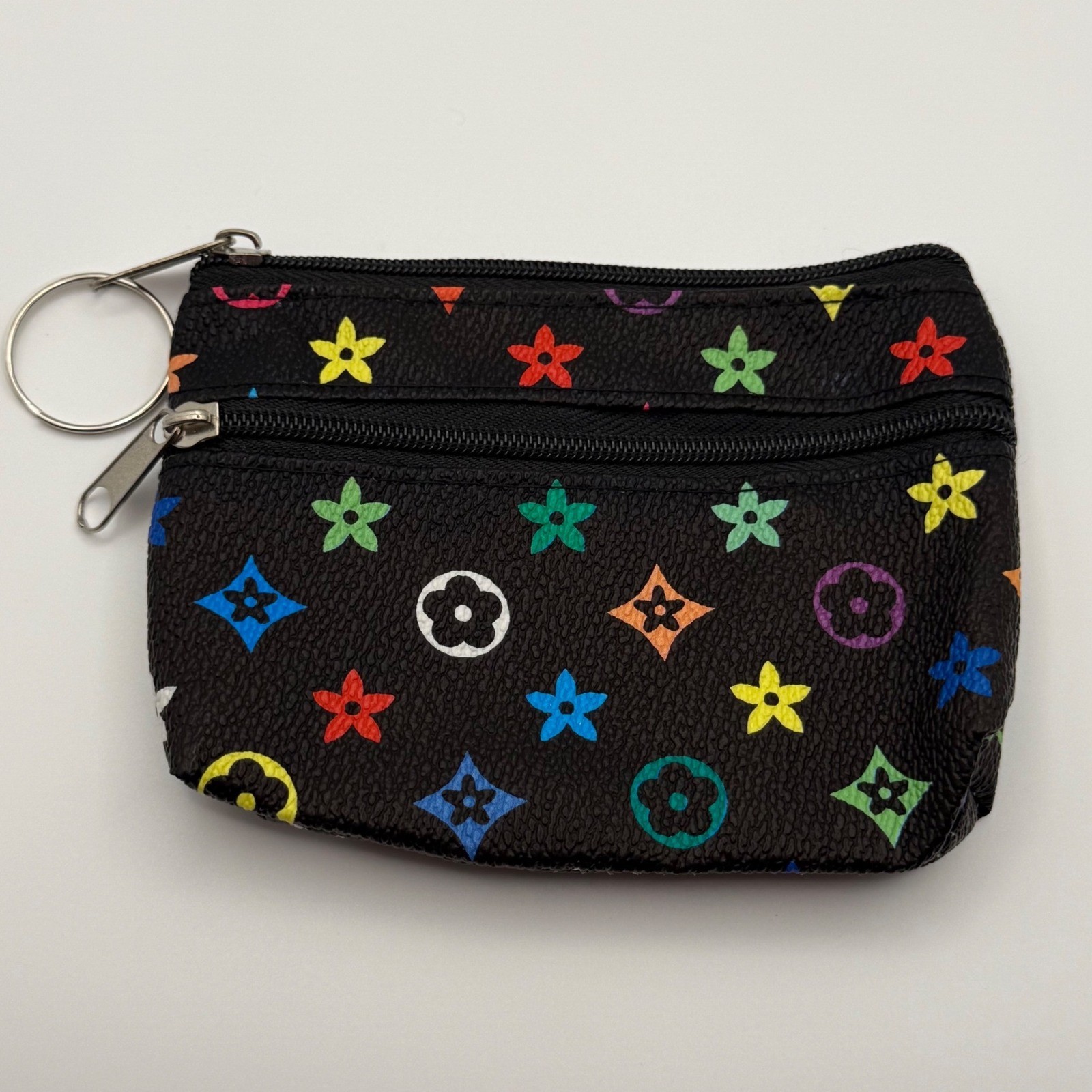 Black Multicolor Star Flower Print Zipper Coin Pouch Keychain Accessory