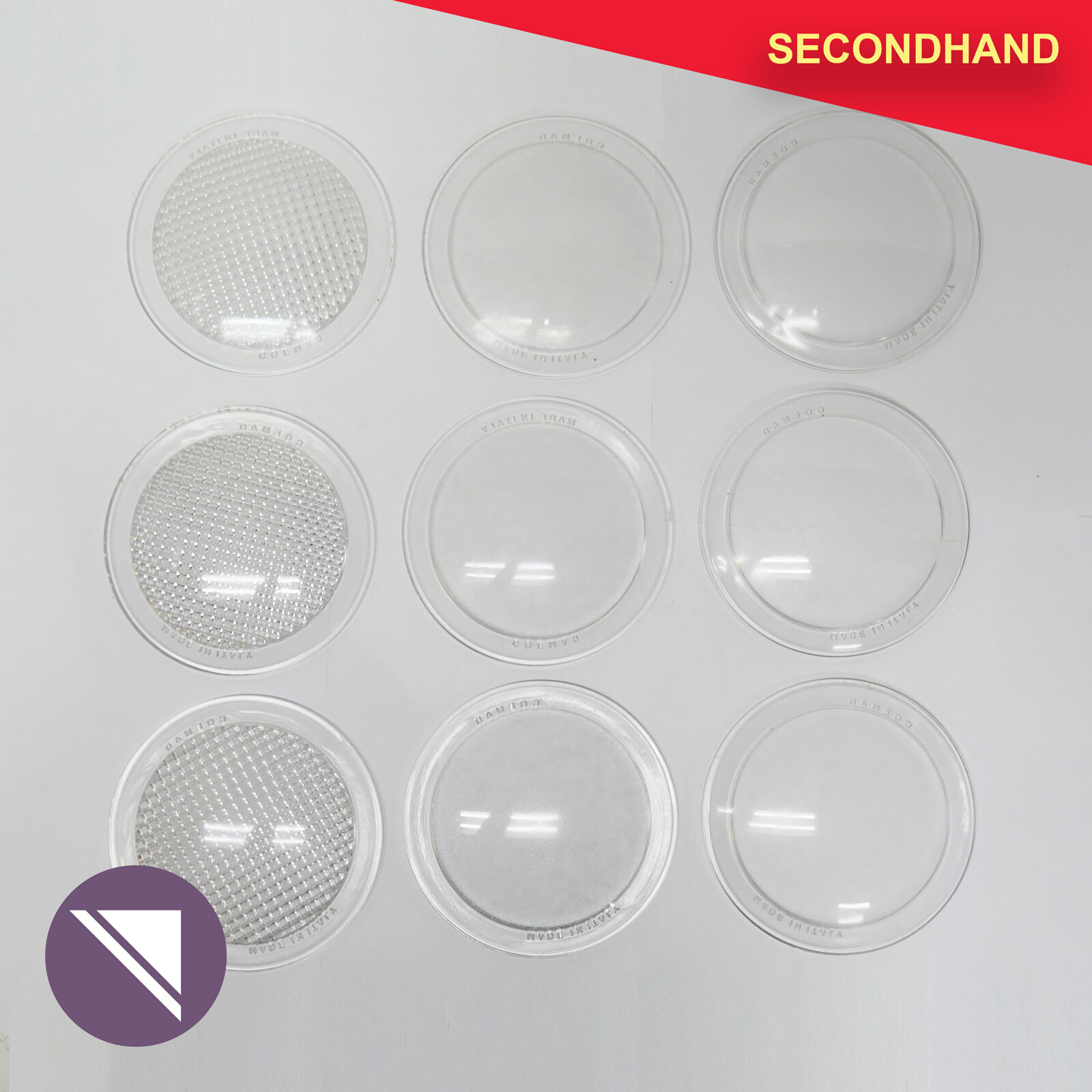 Set of 9 x Coemar 150mm MultiPAR Lens 3x Stipple, 3x Heavy Stipple & 3x Facetted