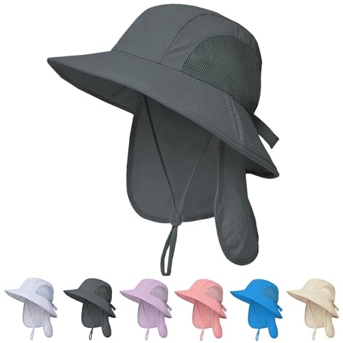 Outdoor Kids Sun Hats with Neck Flap Boys Girls Wide Brim UPF 1pack-darkgrey
