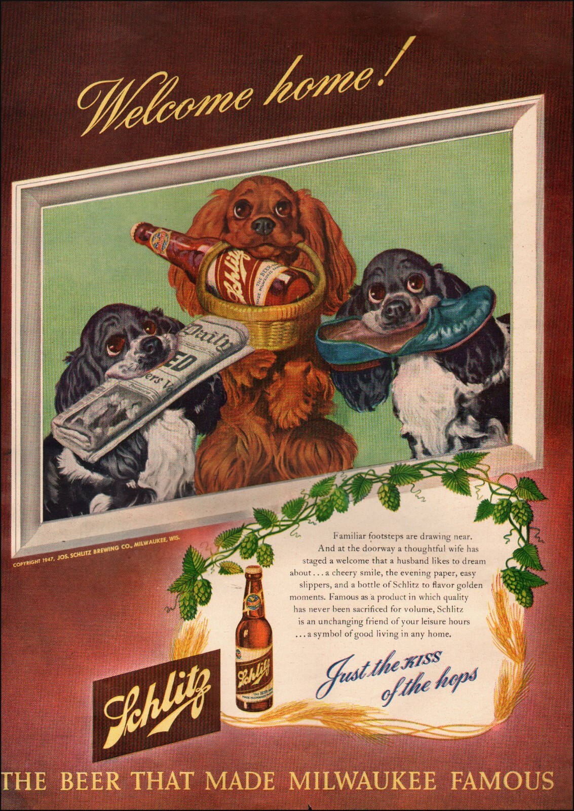 1940's Vintage ad Schlitz beer retro Art Cocker Spaniel newspaper shoe  07/26/22