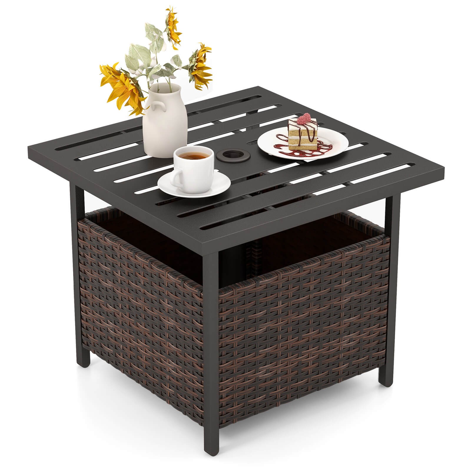 Brown Rattan Wicker Steel Side Table Outdoor Furniture Deck Garden Patio Pool