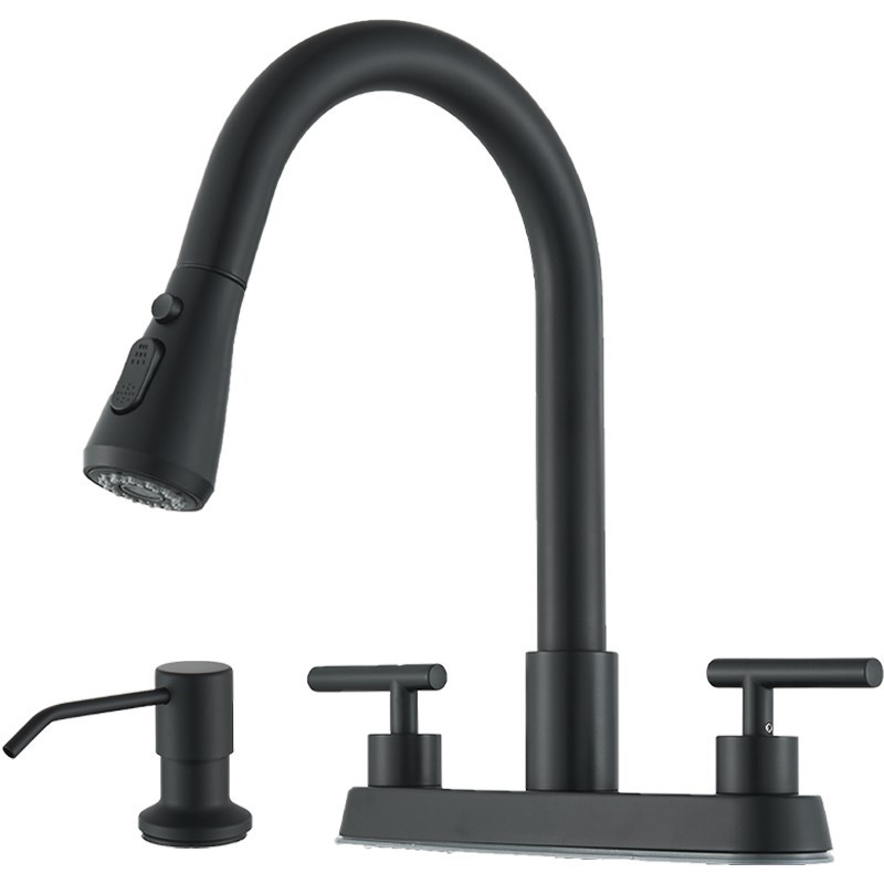 Black Kitchen Sink Faucet with Soap Dispenser 4'' Center 4 Hole Modern Mixer Tap