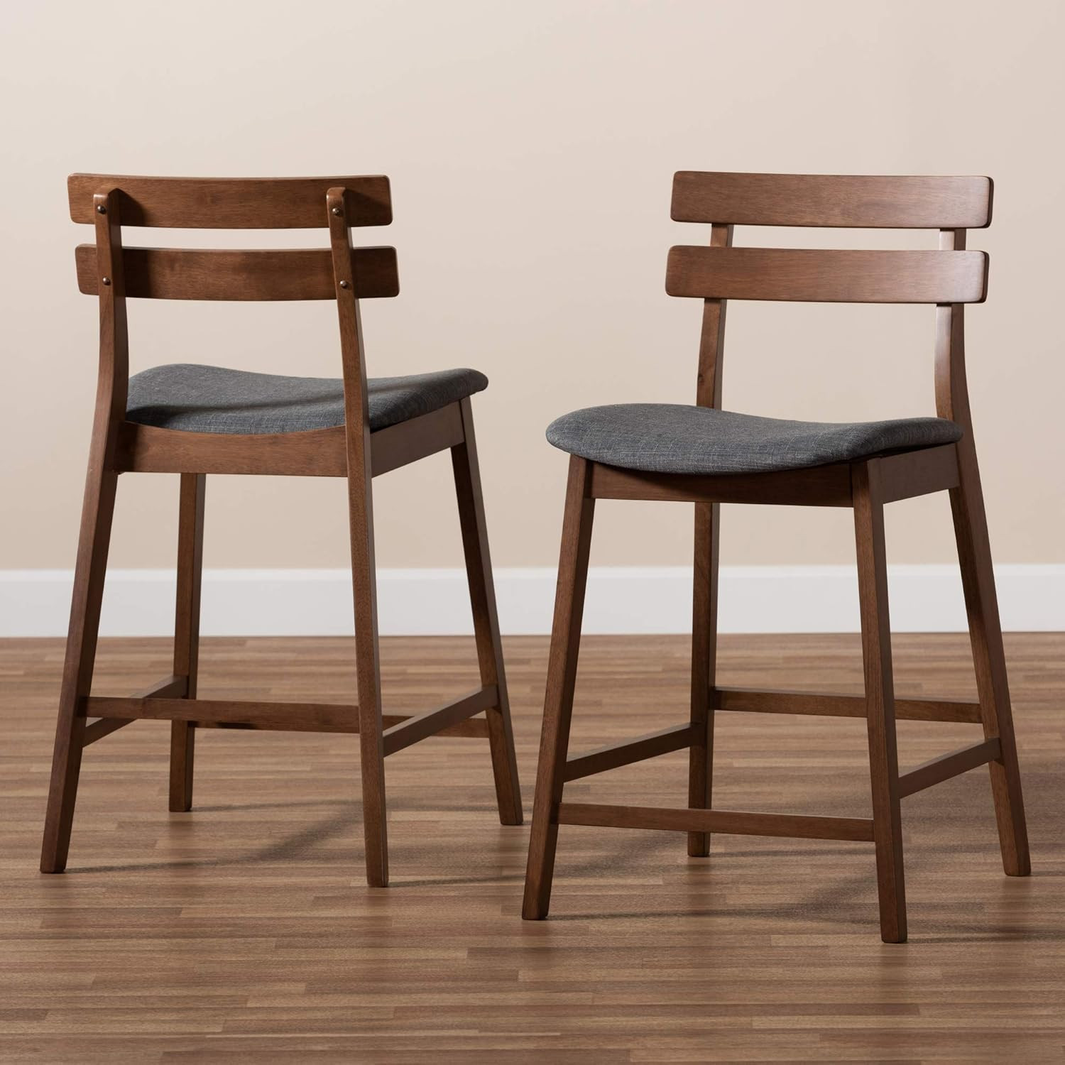 Modern Dark Grey Fabric Counter Stool Set with Walnut Finish - 2 Pieces