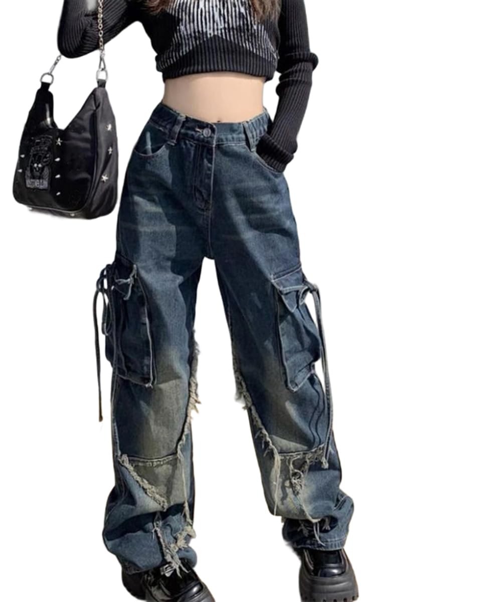 Baggy Denim Cargo Pants Women Elastic High Waist Wide Leg Y2K Jeans Star