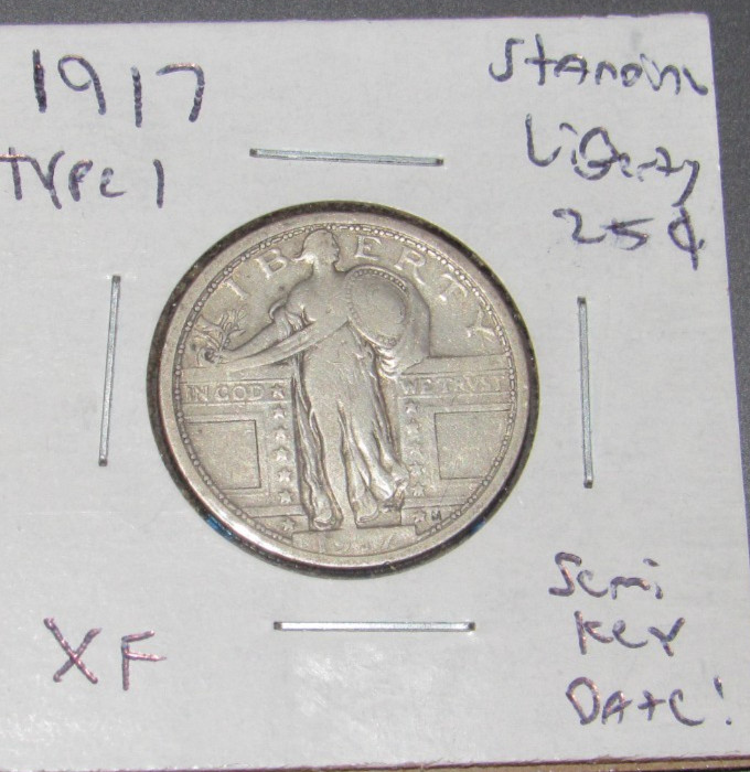 Silver 1917 P Type 1 Standing Liberty Quarter Dollar 25C Cents Coin, Very Nice!