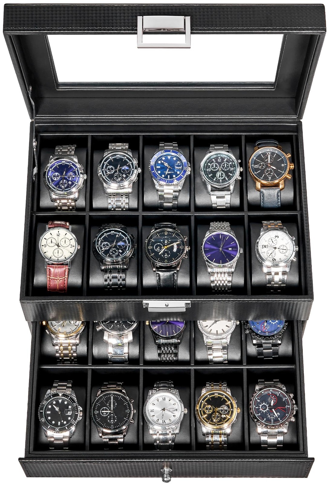 BEWISHOME Watch Case, 20-Slot Box 11.3 x 8 x 5.9 inches, Black+Black