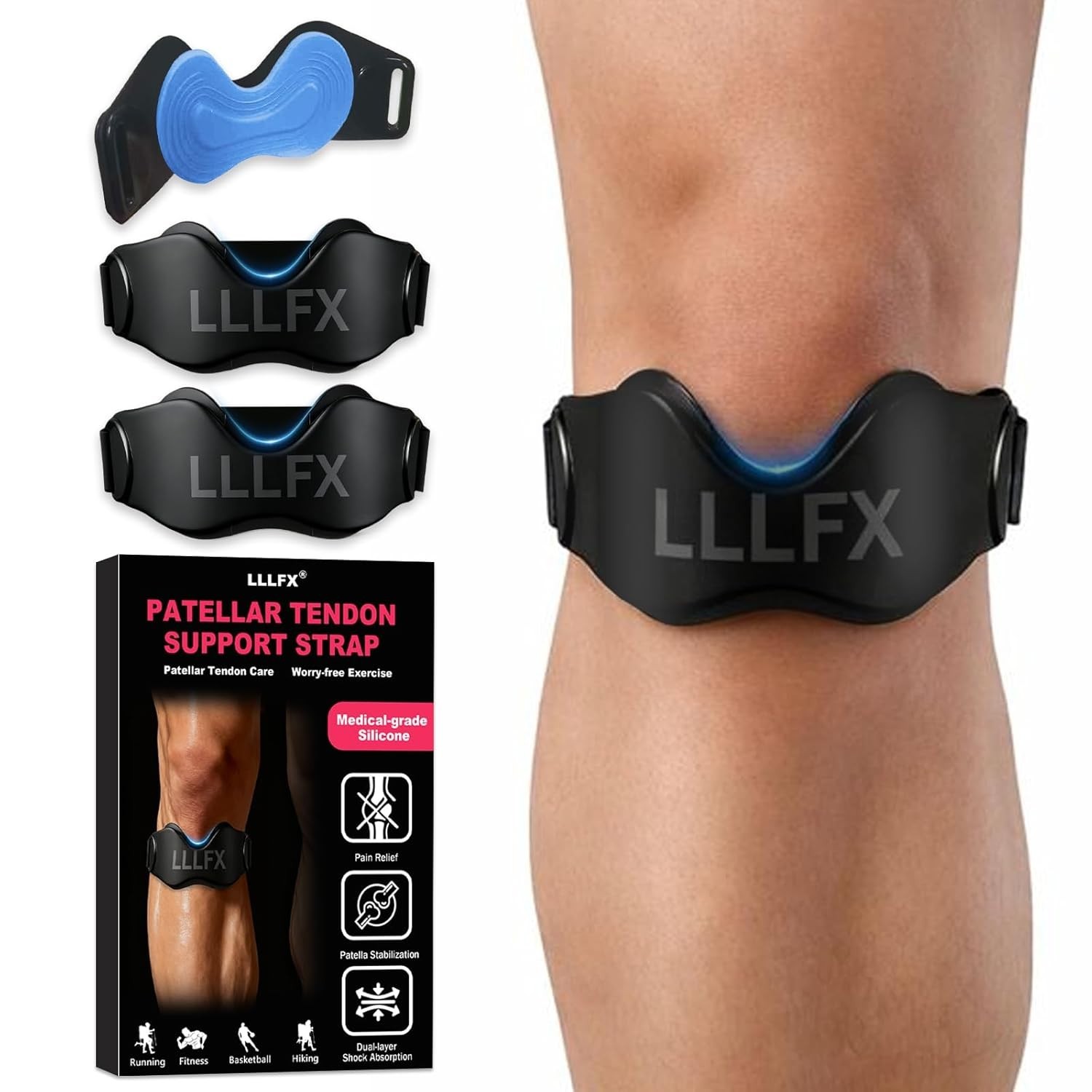 2 Pack Patellar Tendon Support Straps, Adjustable Non-slip 2-Pack, Black