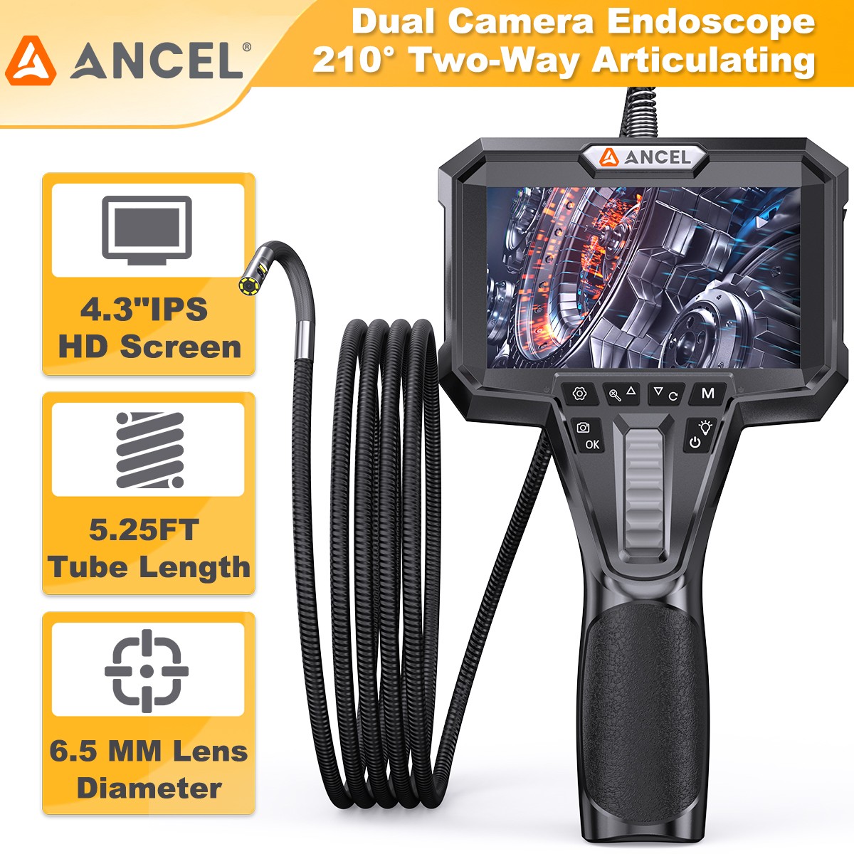 Articulating Borescope Industrial Endoscope Dual Camera Two-Way 210° Waterproof