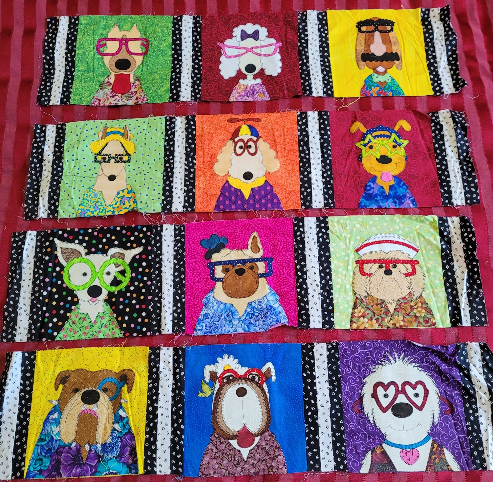 NEW Hand Made Patchwork Quilt Whimsical Dogs with Glasses Applique 4 Panels ONLY