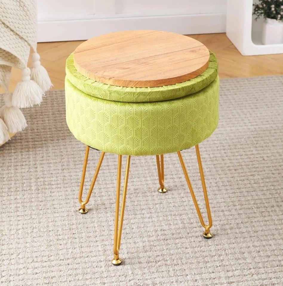 Green Round Storage Ottoman Foot Stool with Faux Velvet Exterior Hairpin Legs