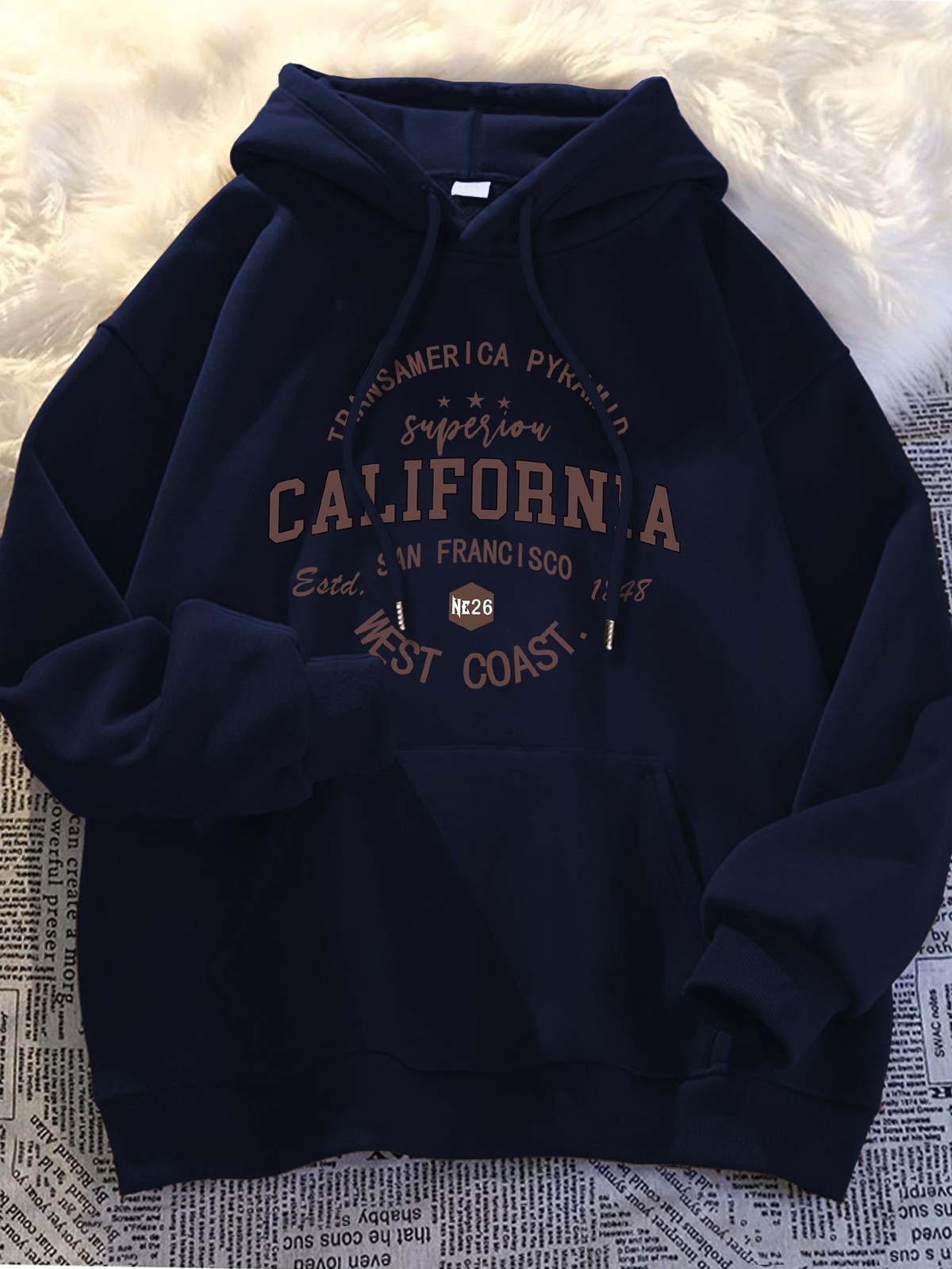 Men'S Heavyweight Hoodie Navy Blue California Graphic Pullover Sweatshirt, Warm