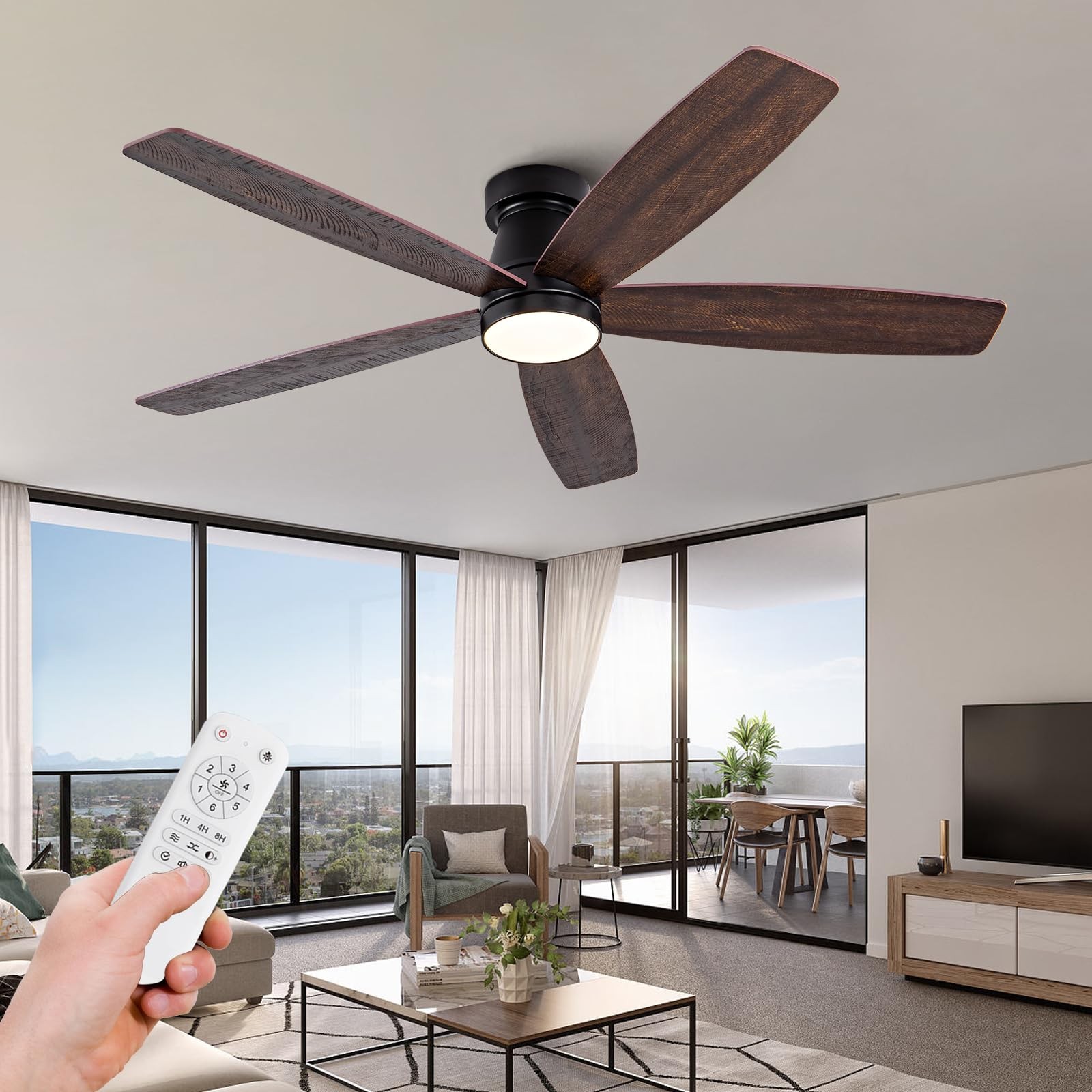 52 inch Black Flush Mount Ceiling Fans with Lights and Remote, Dimmable Black...