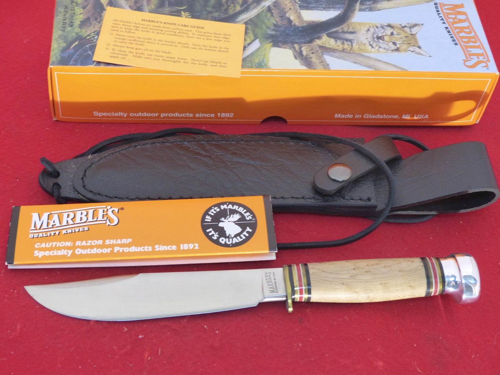 Marbles Gladstone USA Expert II birdseye maple mint box fixed blade Sheath knife