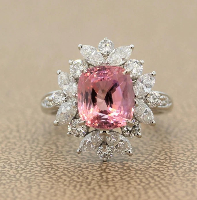 6.25Ct Cushion Cut Natural Pink Sapphire Diamond Wedding Ring 14K White Gold 6 7