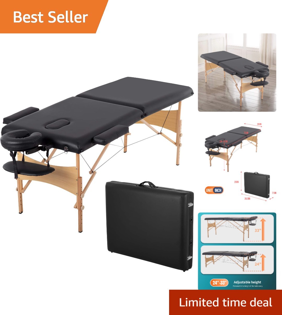 Portable 28-Inch Wide Massage Table - Height Adjustable & Luxury Spa Comfort
