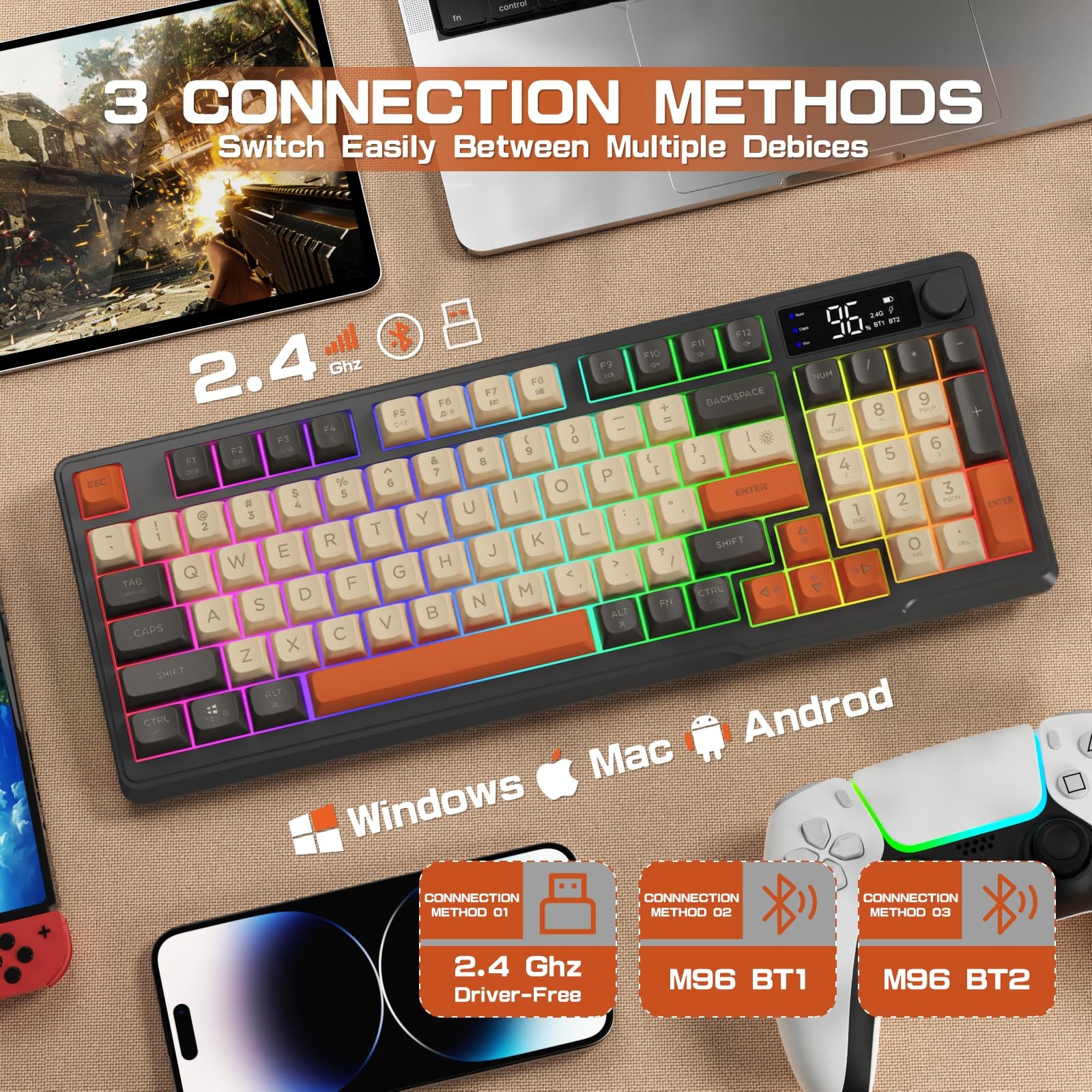 Wireless Gaming Keyboard with RGB Backlight, Bluetooth/2.4G, 94 Keys