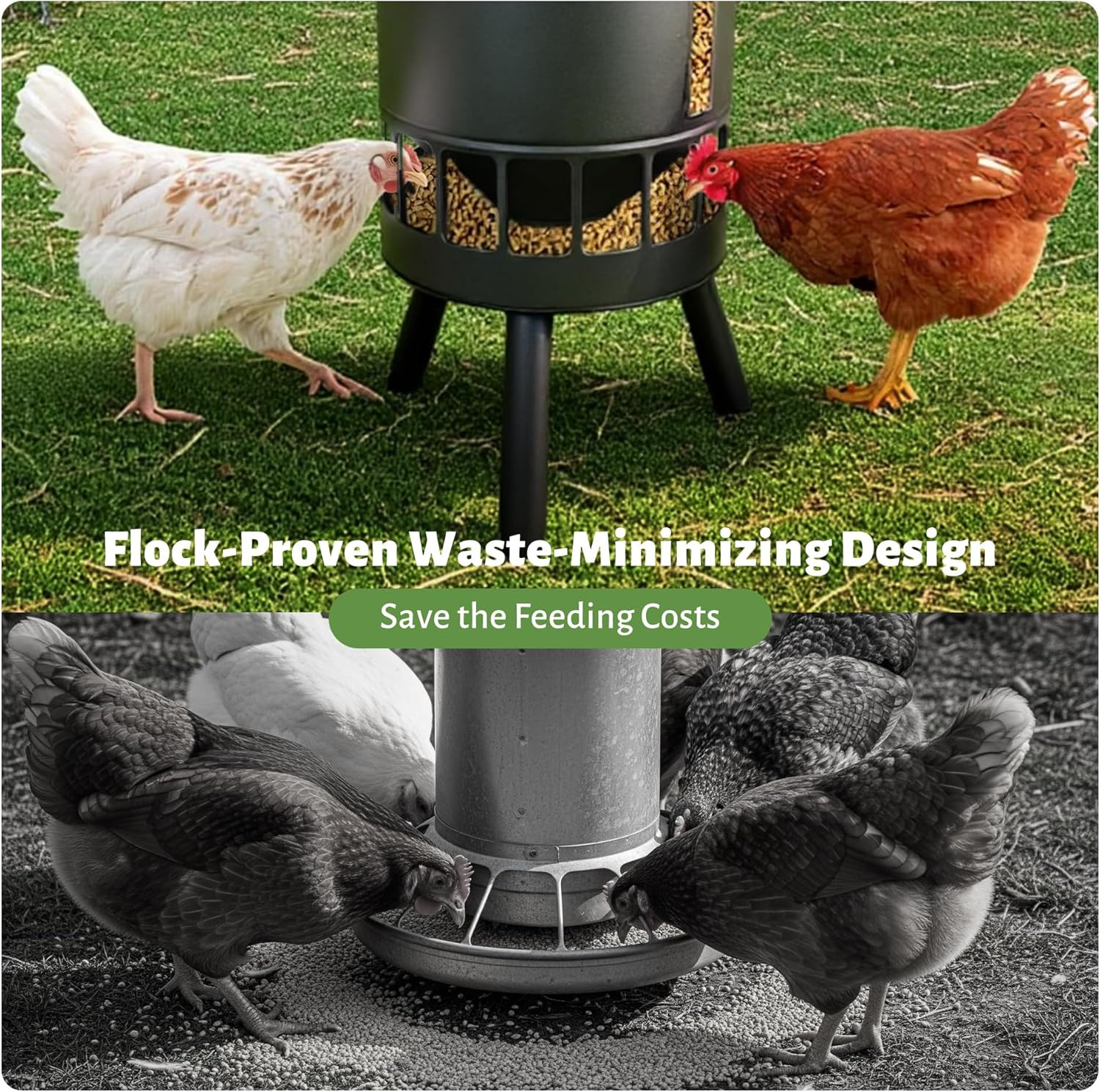 50LB Metal Chicken Feeder - No Waste, No Clog Design with 16 Ports & Smooth Grav