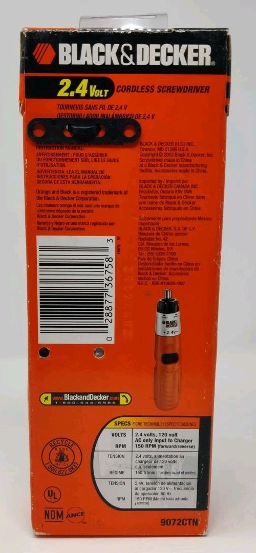 Black & Decker Cordless Screwdriver Model #9072 Rechargeable 2.4v